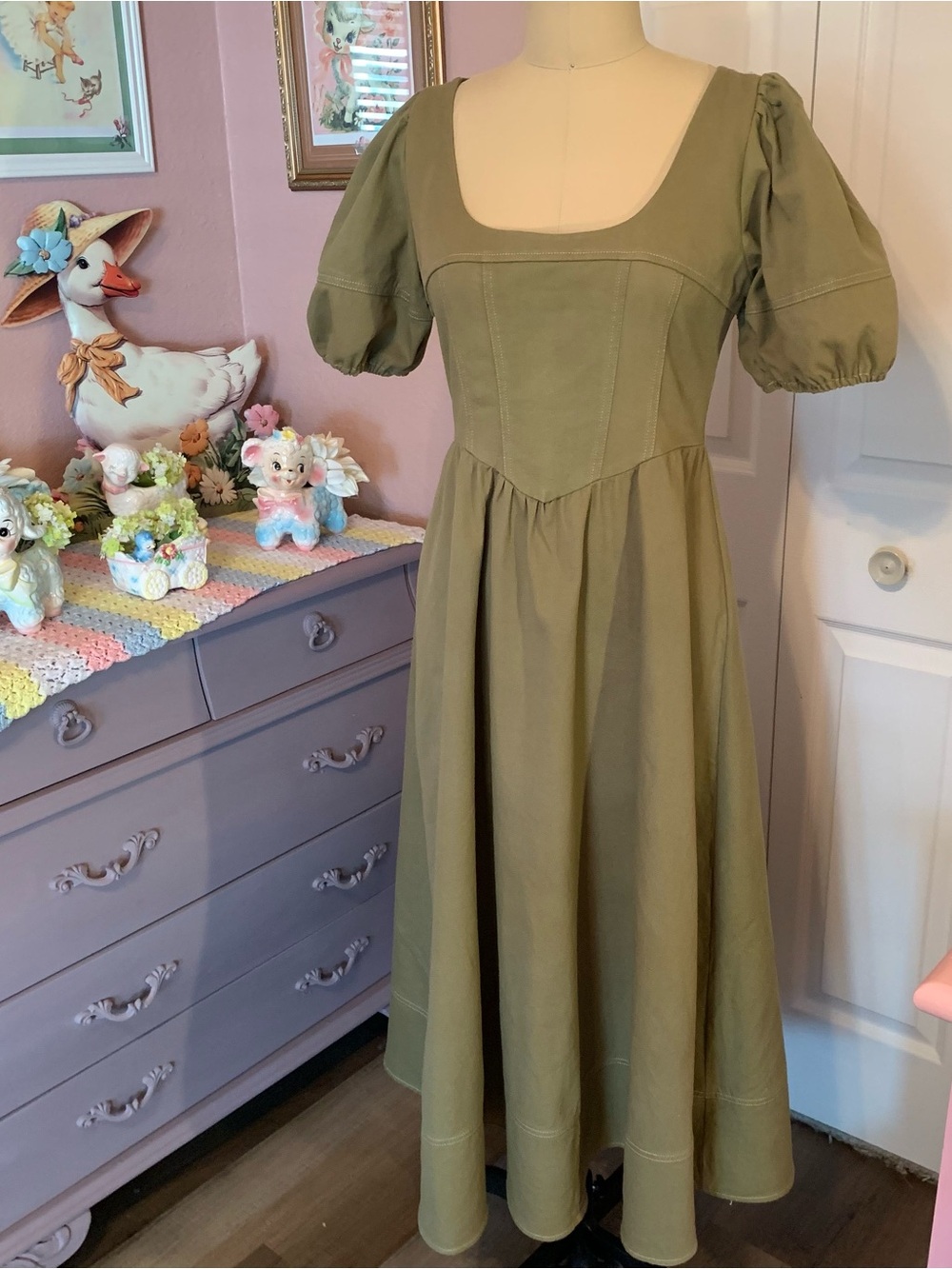 MOON RIVER Olive Denim Midi Dress with Puff Sleeves